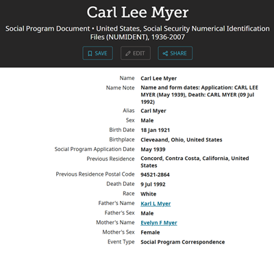 Carl Myer obit info, Class of 1939