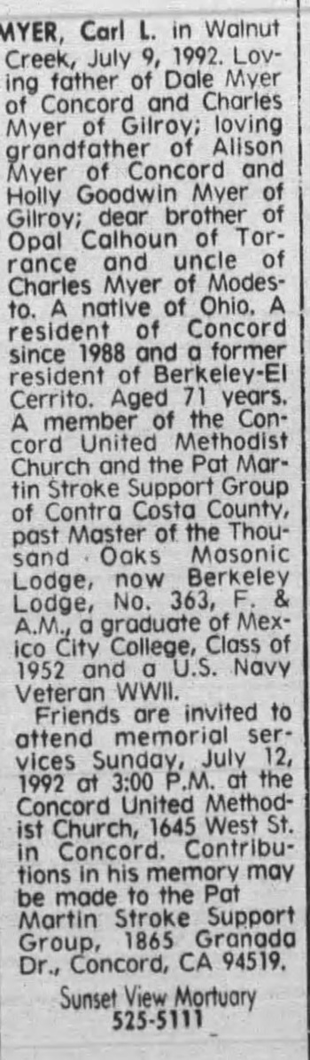 Carl Myer obit, Class of 1939