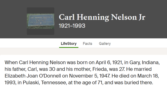 Carl Nelson life info, Class of 1939