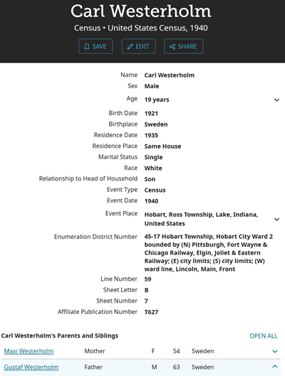 Carl Westerholm census info, Class of 1938