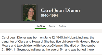Carol Diener Mears life info, Class of 1958