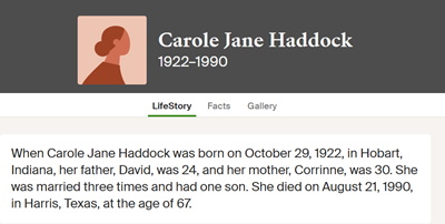 Carol Haddock life info, Class of 1940
