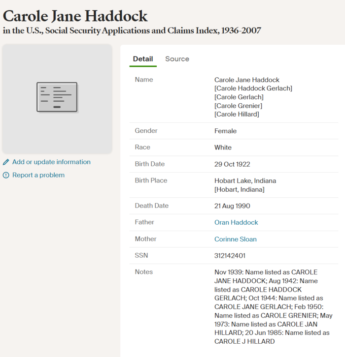 Carol Haddock marriage info, Class of 1940