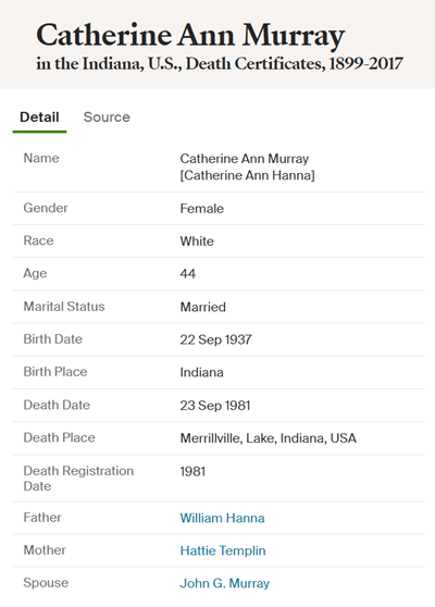 Catherine (Cathy) Hanna Murray death cert info, Class of 1956