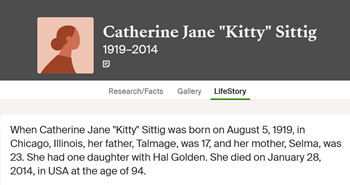 Catherine "Kitty" Baile Sittig life info, Class of 1937