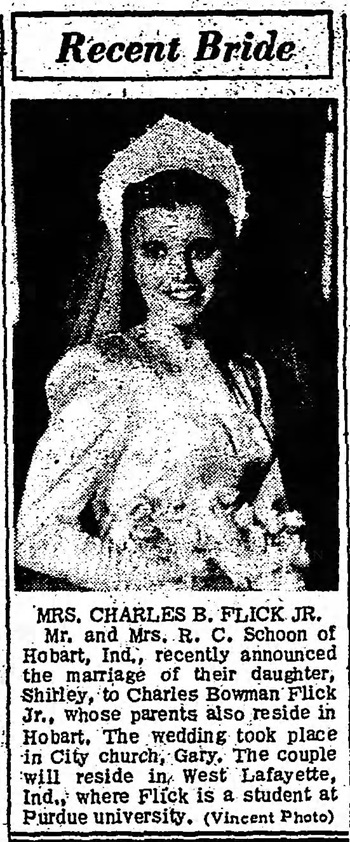 Charles Flick Jr. marriage notice, Class of 1943