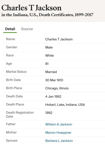 Charles Jackson death certificate info, Class of 1930