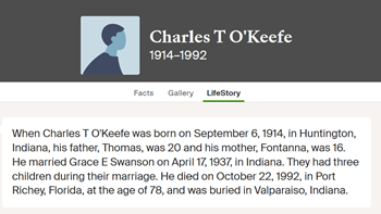 Charles O'Keefe life info, Class of 1934
