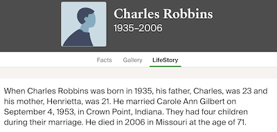 Charles Robbins life info, Class of 1952
