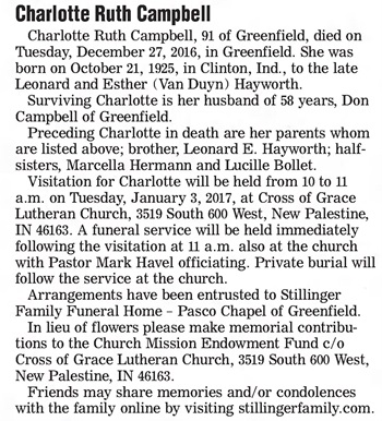 Charlotte Hayworth Campbell obit, Class of 1943