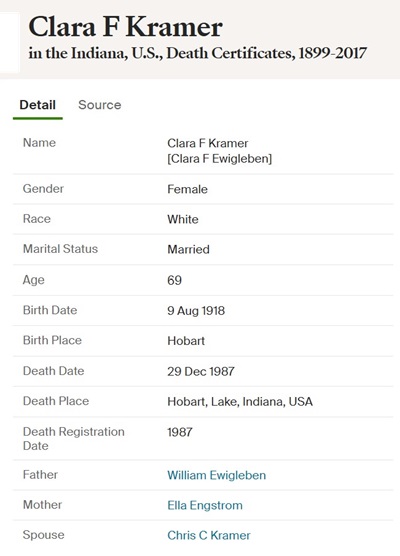 Clara Ewigleben death cert info, Class of 1937