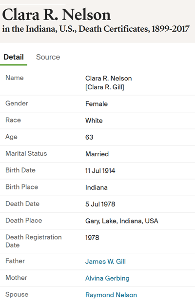 Clara Gill Nelson death cert info, Class of 1933