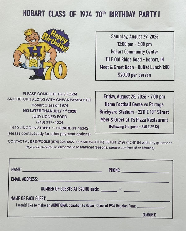 Class of 1974 70th Birthday Party flyer