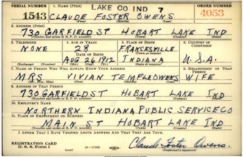 Claude Owens draft registration card, Class of 1929