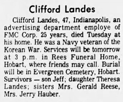 Clifford Landes obituary notice, Class of 1950