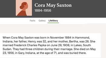 Cora Saxton Papka life info, Class of 1904