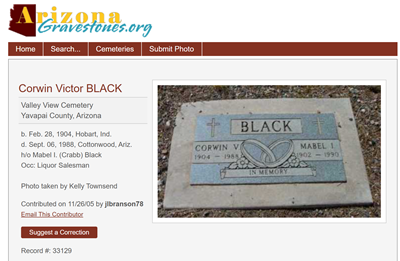 Corwin Black posting on Arizona Gravestones, Class of 1922