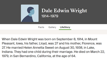 Dale Wright life info, Class of 1933