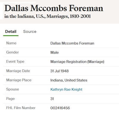 Dallas Foreman marriage info, Class of 1946