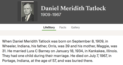 Daniel Meredith Tatlock life info, Class of 1934