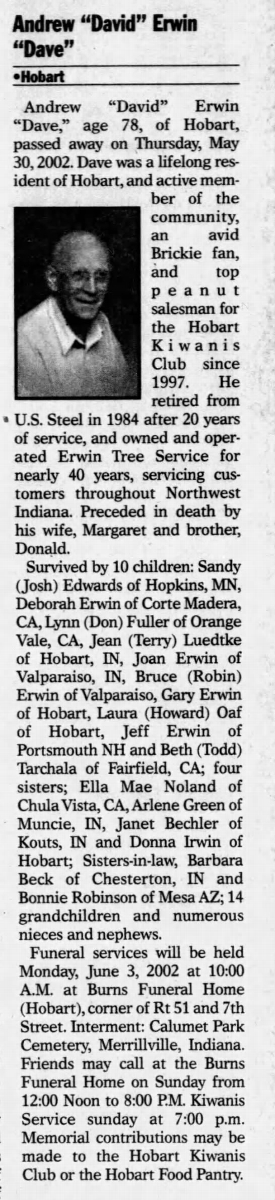 Dave Erwin newspsper obituary