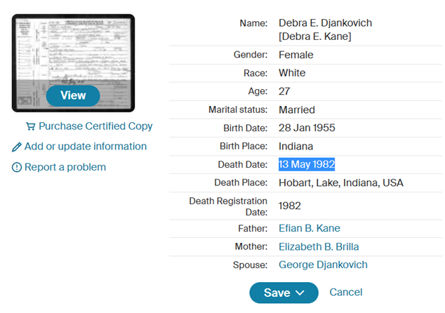 Debbie Kane death certificate information, Class of 1973