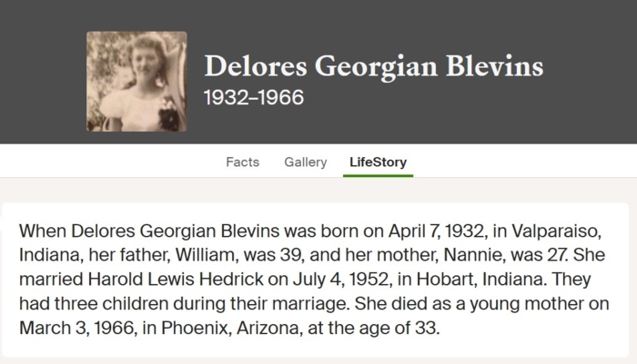 Deloris Blevins Hedrick life info, Class of 1952