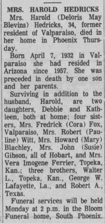 Deloris Blevins Hedrick obit, Class of 1952