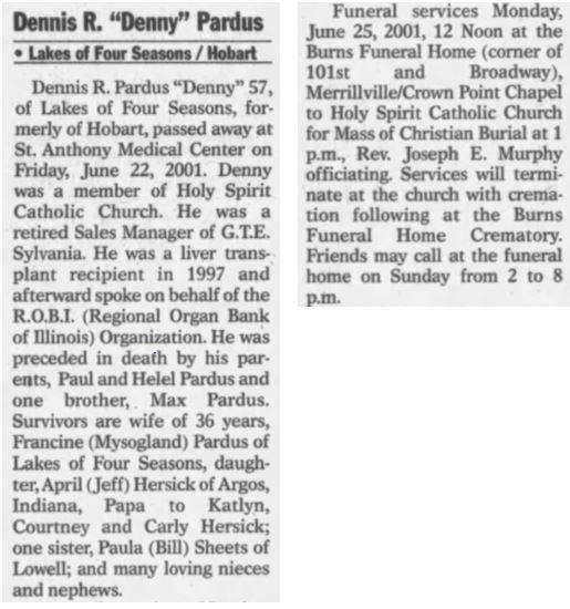 Dennis Pardus obituary, copied from (Hammond) Times, Class of 1962
