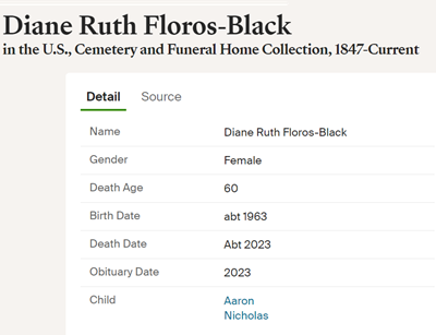 Diane Floros Black obituary info, Class of 1981