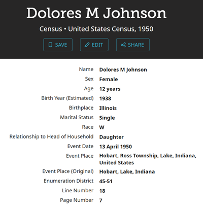 Dolores Johnson census info, Class of 1956