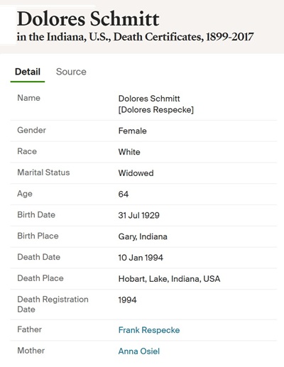 Dolores Repecke Schmitt death cert info, Class of 1947