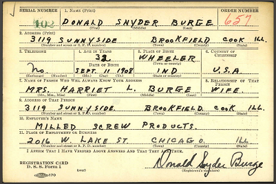 Donald Burge draft card, Class of 1925