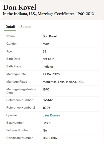 Donald Kovel marriage info, Class of 1956
