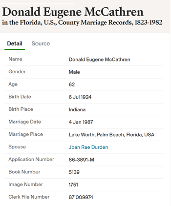 Donald McCathren marriage info, Class of 1942