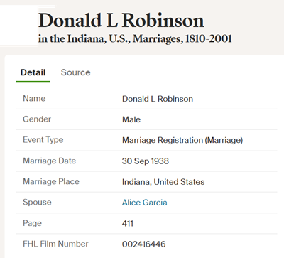 Donald Robinson, marriage info, Class of 1935