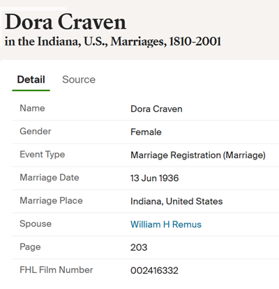Dora Craven Remus marriage info, Class of 1934