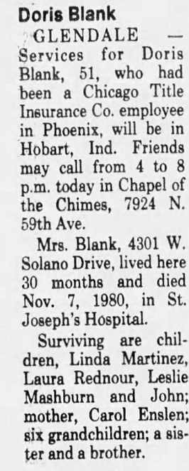 Doris Enslen Blank obituary article, Class of 1946