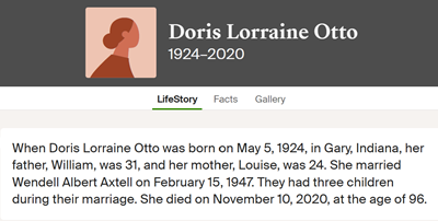 Doris Otto Axtell obit info, Class of 1943