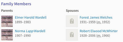 Doris Wardell Welches McWhirter family info, Class of 1948
