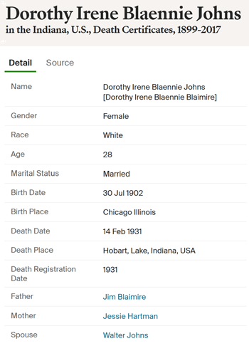 Dorothy Blaemire Johns death certificate info, Class of 1921