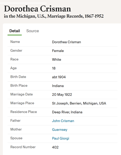 Dorothy (Dorothea) Crisman Giorgi marriage info, Class of 1921