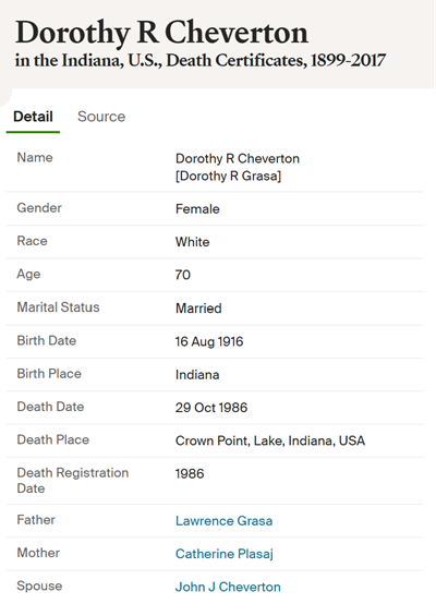 Dorothy Grasa Cheverton marriage and death info, Class of 1934
