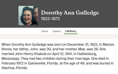 Dorothy Gulledge Shakula life info, Class of 1940