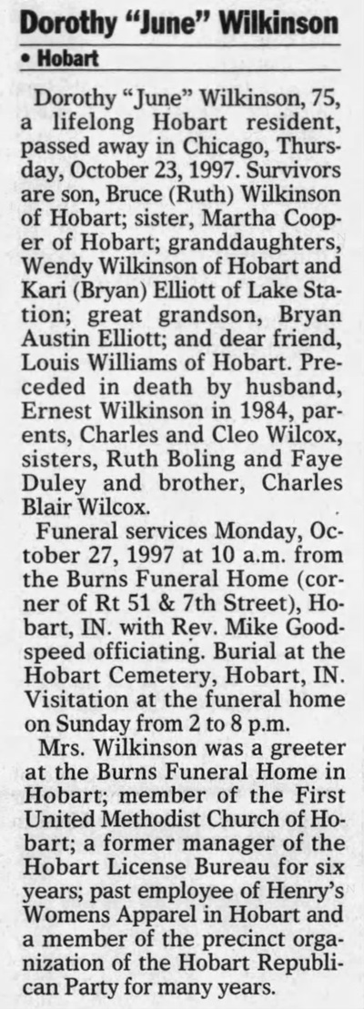 Dorothy June Wilcox Wilkinson obit, Class of 1940
