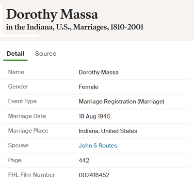 Dorothy Massa Routes marriage info, Class of 1943
