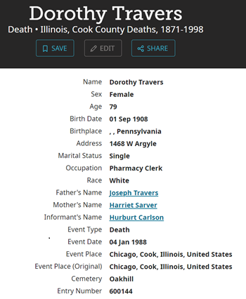 Dorothy Travers obituary info, Class of 1925