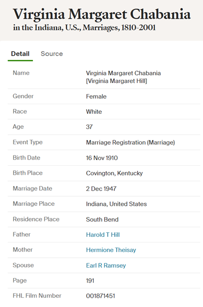 Earl Ramsey's wife Virginia's marriage record (he was Class of 1932)