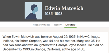 Edwin Matovich life info, Class of 1952