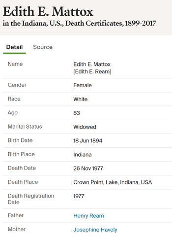 Edith Ream Mattox death certificate information, Class of 1913